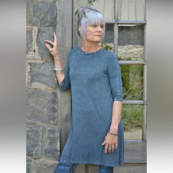 BLUE A-Line 3/4 sleeve Swing Dress - Picture 1 of 4